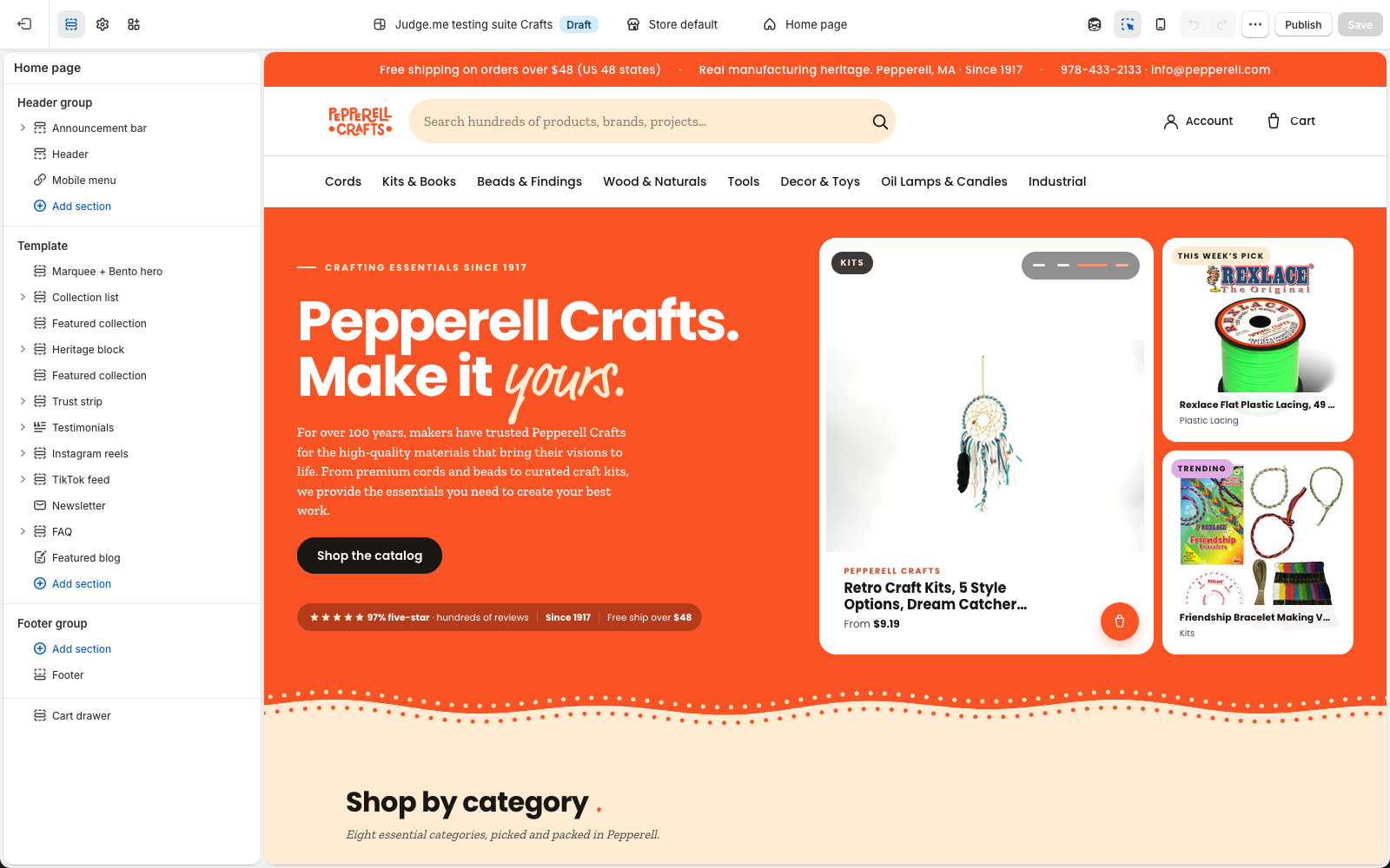 The theme editor with the section list on the left and a live preview of the homepage on the right