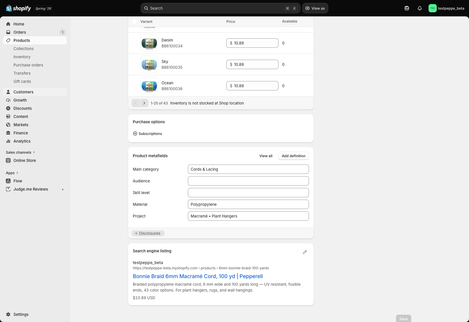 The Product metafields card showing Main category, Audience, Skill level, Material, and Project