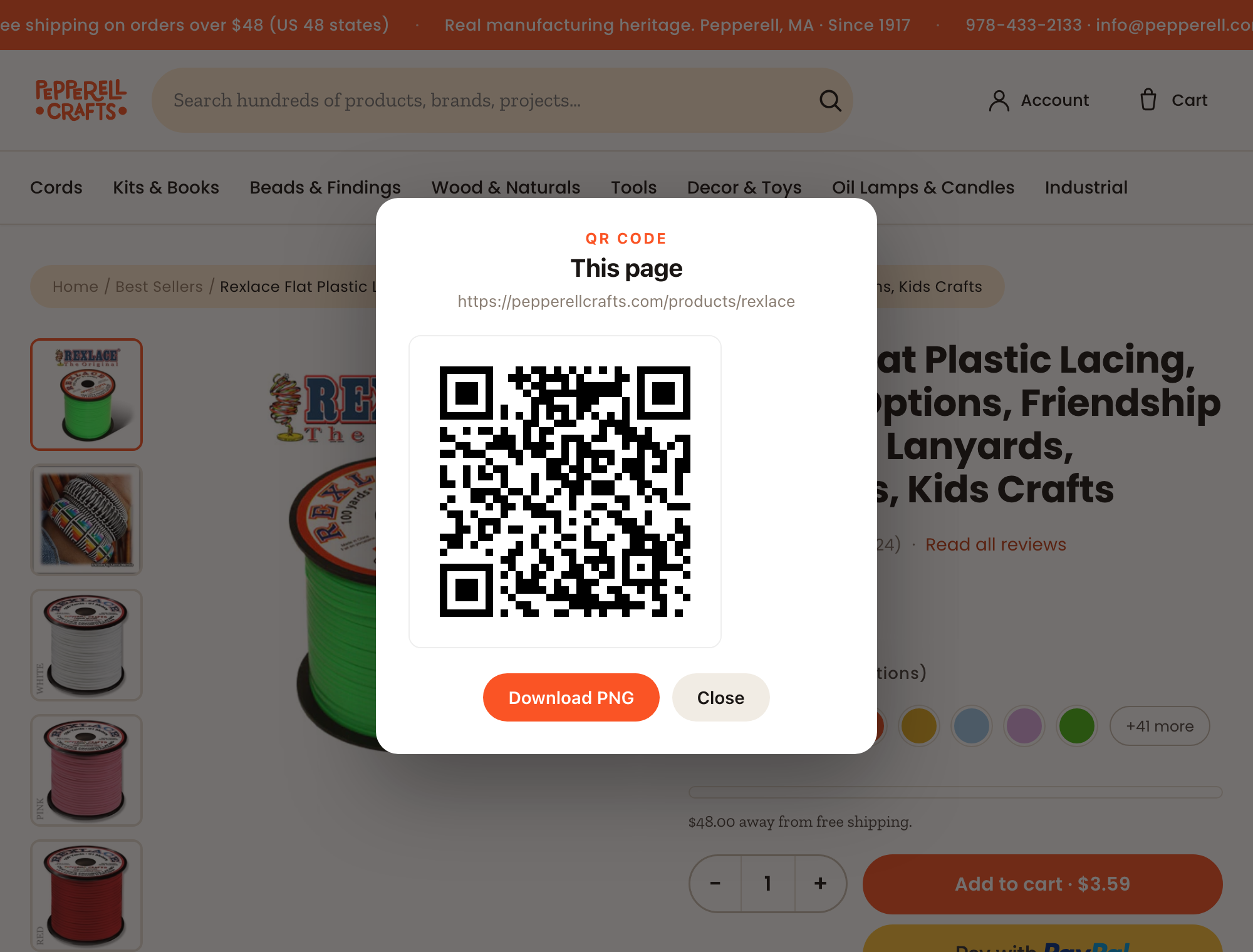 The QR code panel over a product page, showing the code and a Download PNG button