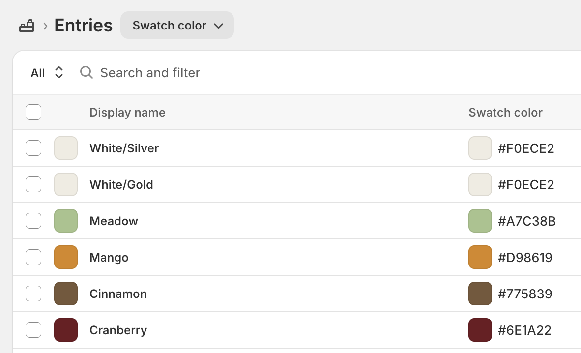 The Swatch color list with rows such as Cranberry, Cinnamon, Mango, and Meadow beside their swatches