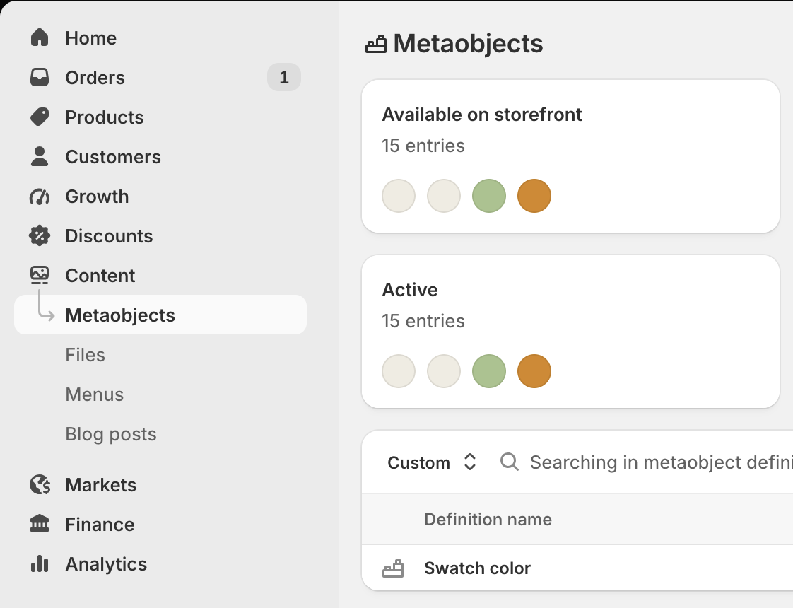 The admin Content menu with Metaobjects open and the Swatch color definition listed