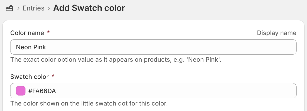 A Swatch color entry named Neon Pink with a pink swatch color set