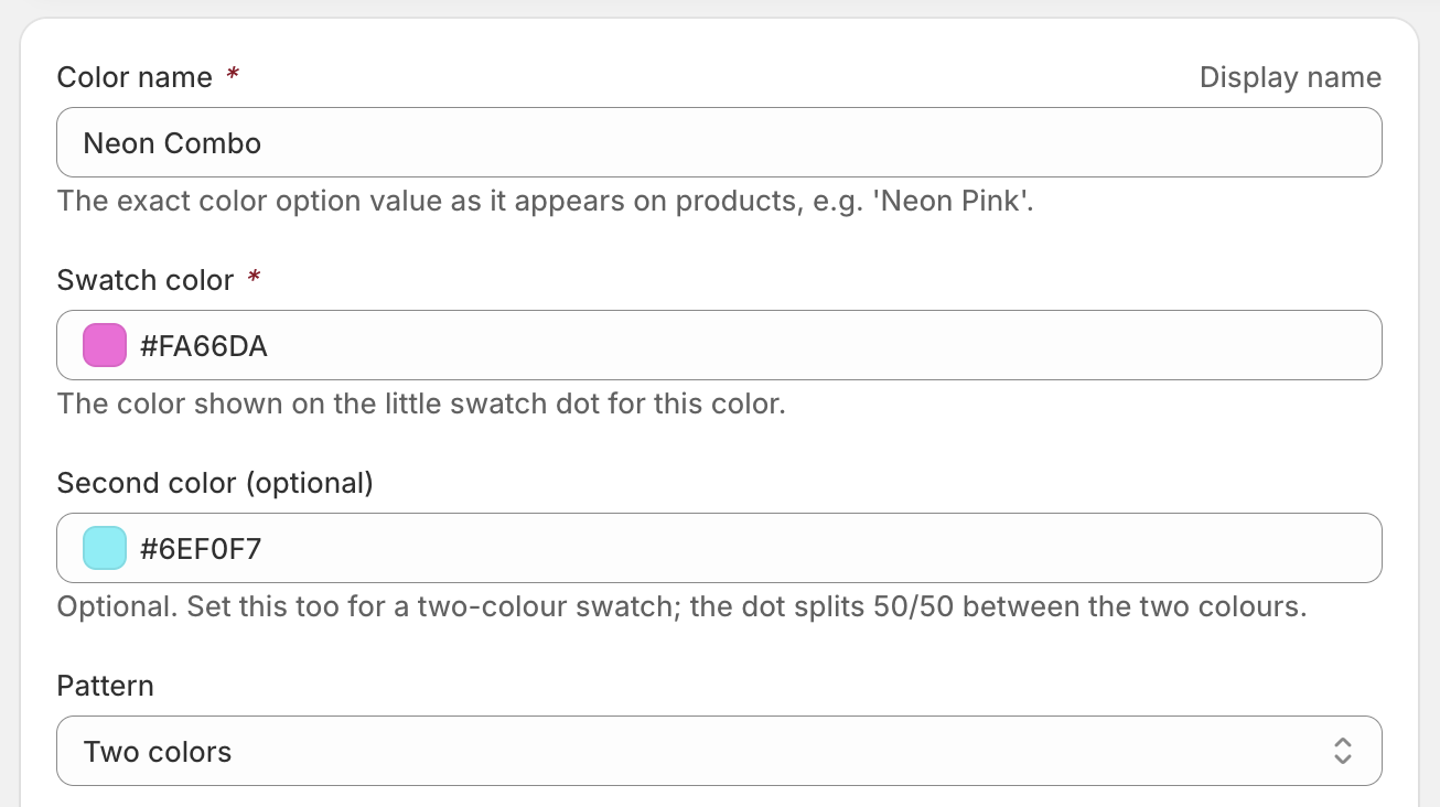 A Swatch color entry with two colors filled in and Pattern set to Two colors