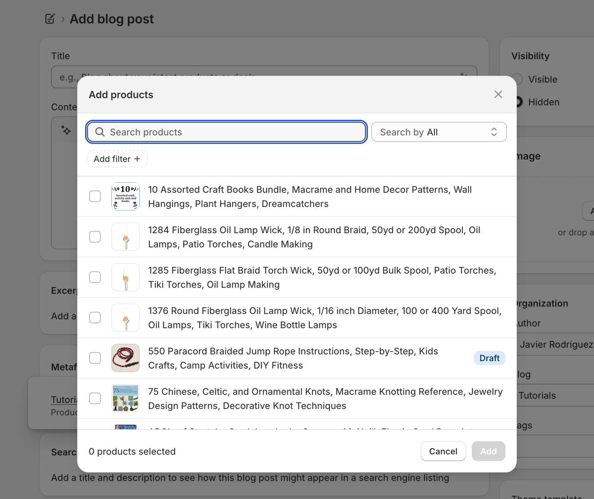 The Add products window with a search box and a list of products to check