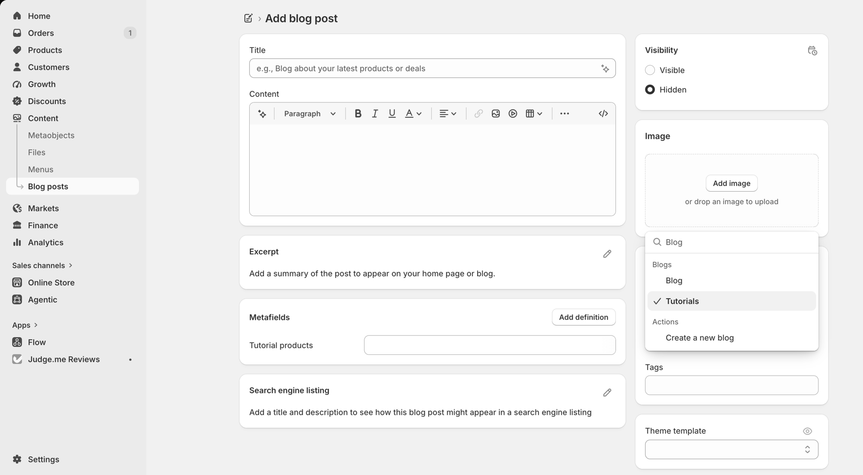 The Add blog post editor with the Blog set to Tutorials and the Tags field in the right column