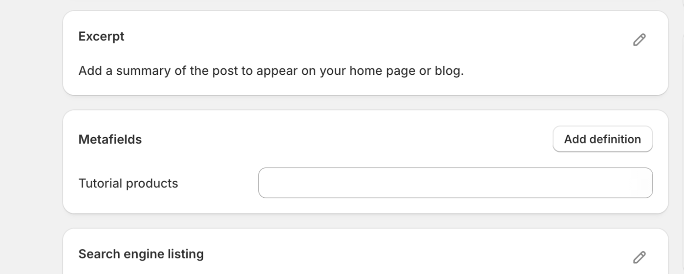 The Metafields card in the blog post editor showing the Tutorial products field