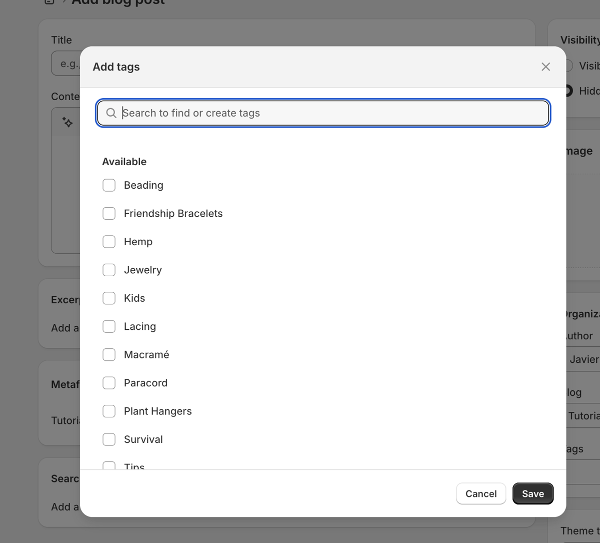 The Add tags window listing craft techniques as checkboxes